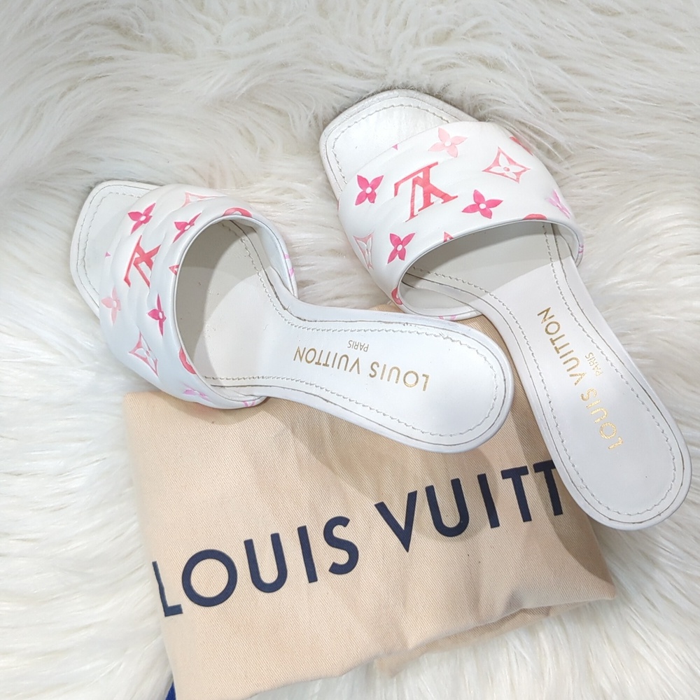Louis Vuitton Revival Line Mule Heel Sandals White And Pink Monogram Size 37